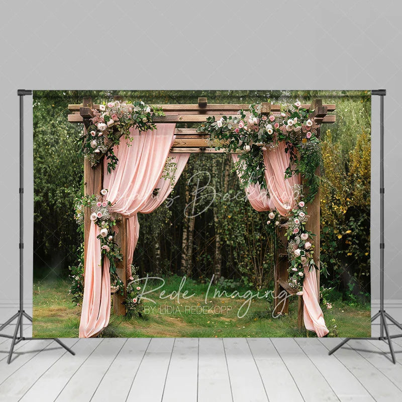 Lofaris Wooden Garden Arbor with Pink Drapes Backdrop Spring Floral Wedding Arch Background for Bridal Shower