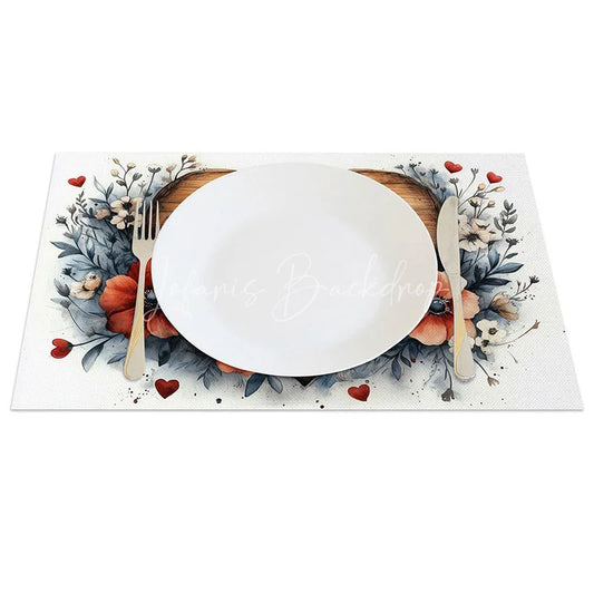 Lofaris Wooden Heart Love Sign Set of 4 Placemats Red Floral Valentine Decoration Rustic Farmhouse Dining Table Mat
