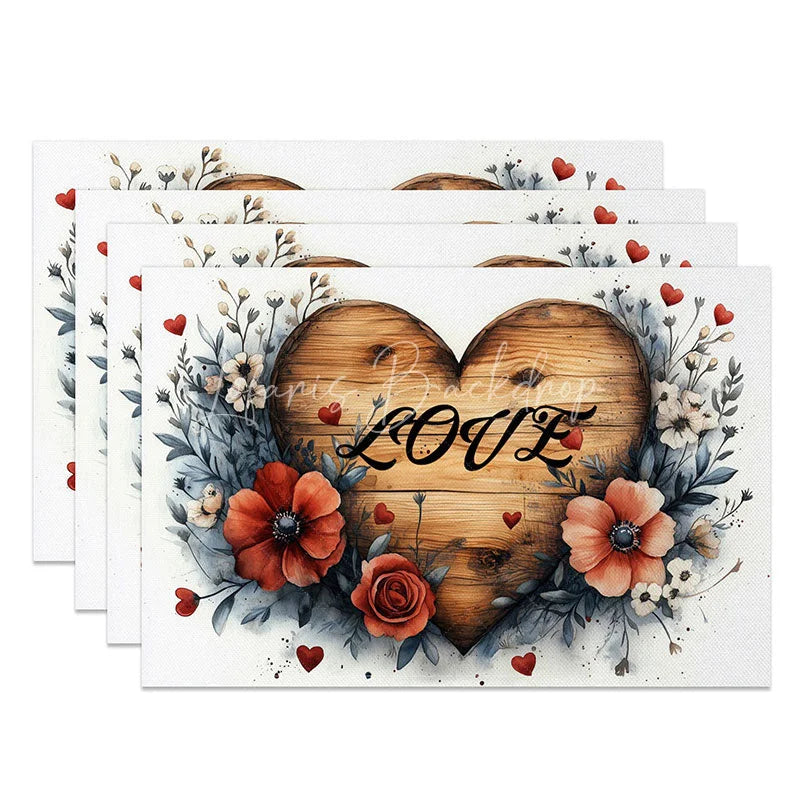 Lofaris Wooden Heart Love Sign Set of 4 Placemats Red Floral Valentine Decoration Rustic Farmhouse Dining Table Mat