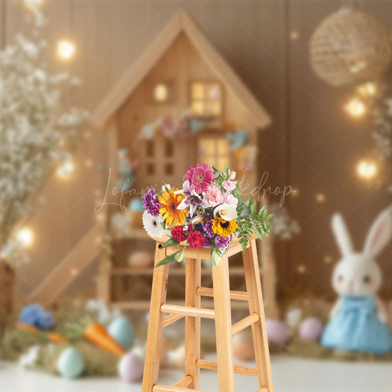 Lofaris Wooden House Bunny Eggs Floral Easter Photo Backdrop