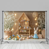 Lofaris Wooden House Bunny Eggs Floral Easter Photo Backdrop
