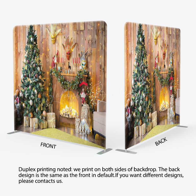 Lofaris Wooden House Christmas Fireplace Tension Fabric Backdrop
