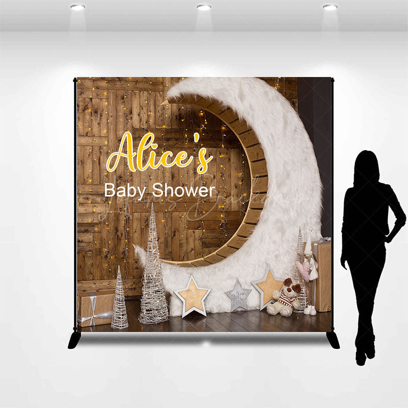 Lofaris Wooden House Moon Custom Name Baby Shower Backdrop
