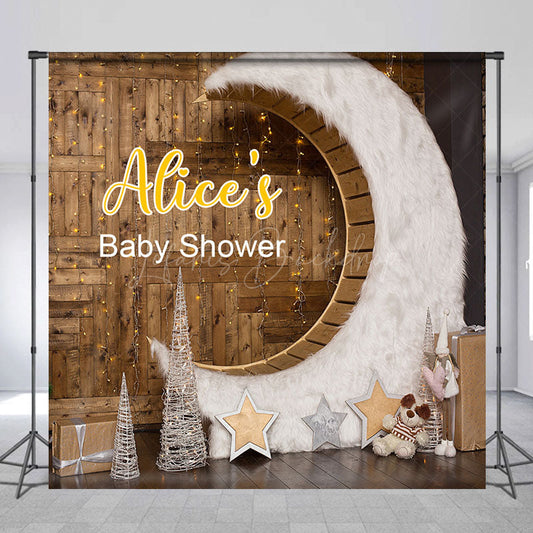 Lofaris Wooden House Moon Custom Name Baby Shower Backdrop