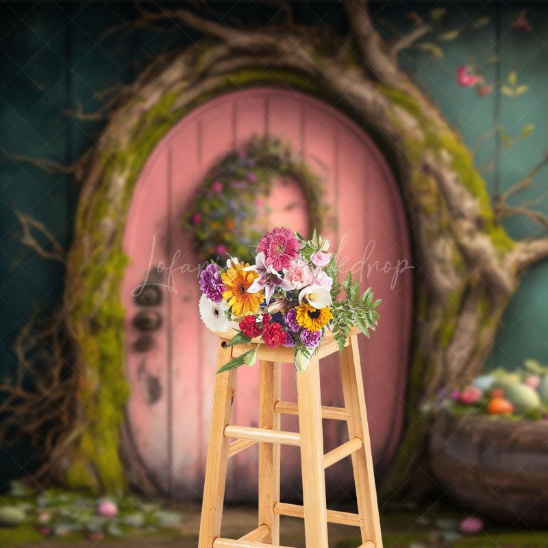 Lofaris Wooden Pink Door Tree Basket Eggs Easter Backdrop