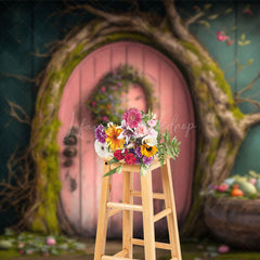 Lofaris Wooden Pink Door Tree Basket Eggs Easter Backdrop