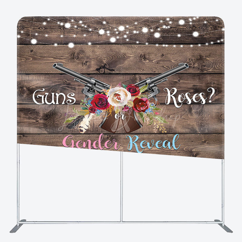 Lofaris Wooden Rose Guns Gender Reveal Tension Fabric Backdrop