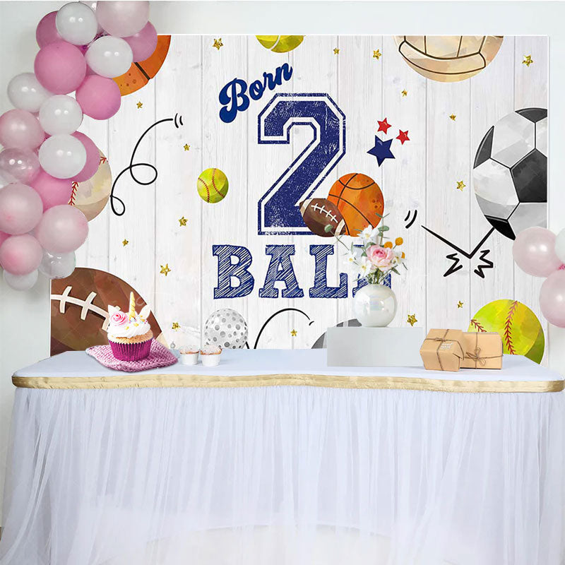 Lofaris Wooden Wall Sports Born 2 Ball Boys Birthday Backdrop