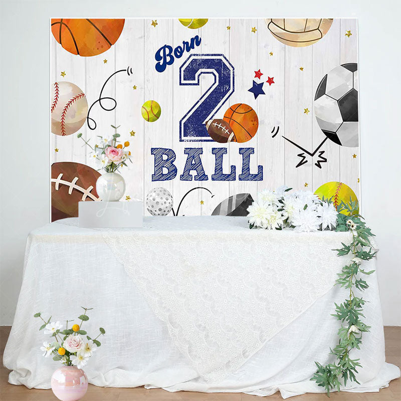 Lofaris Wooden Wall Sports Born 2 Ball Boys Birthday Backdrop