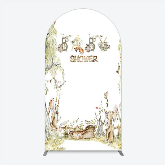 Lofaris Woodland Forest Baby Shower Arch Backdrop with Watercolor Animals and Rustic Swing Decor.