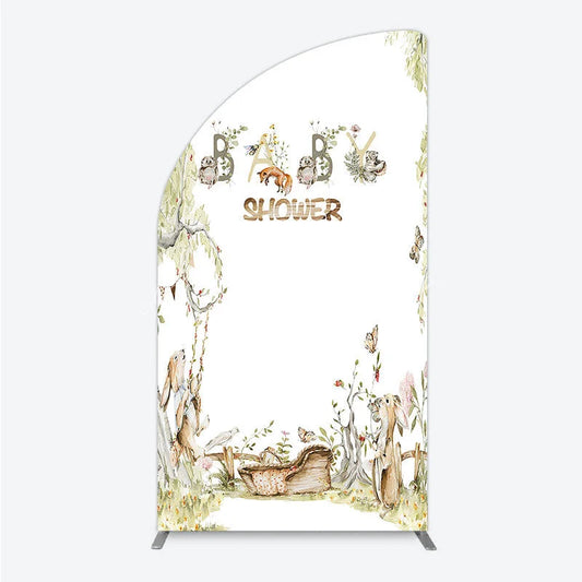 Lofaris Woodland Forest Baby Shower Half Moon Arch Backdrop with Watercolor Animals and Rustic Swing Decor.