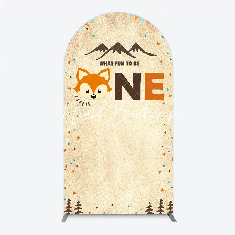 Lofaris Woodland Fox First Birthday Round Top Arch Backdrop Rustic Mountain Adventure Party Decor for What Fun