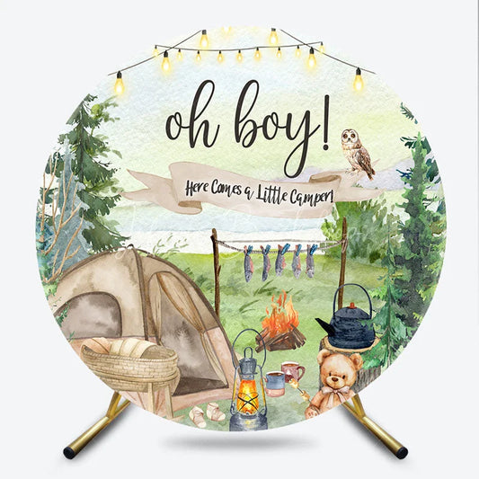 Lofaris Woodland Little Camper Baby Shower Round Backdrop Oh Boy Forest Animal Tent Camping Party Cover