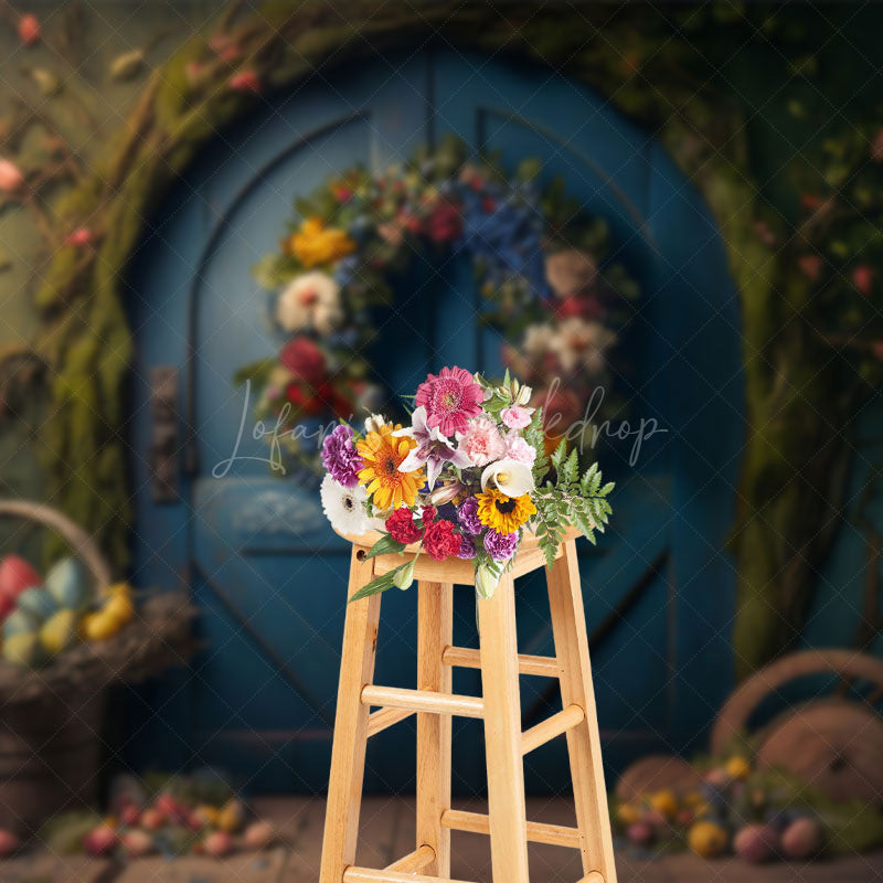Lofaris Wreath Blue Arch Door Basket Eggs Easter Backdrop