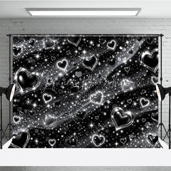 Lofaris Y2K Black and Silver Glitter Hearts Sparkling Holiday Backdrop Glamorous Celebration Party Decor