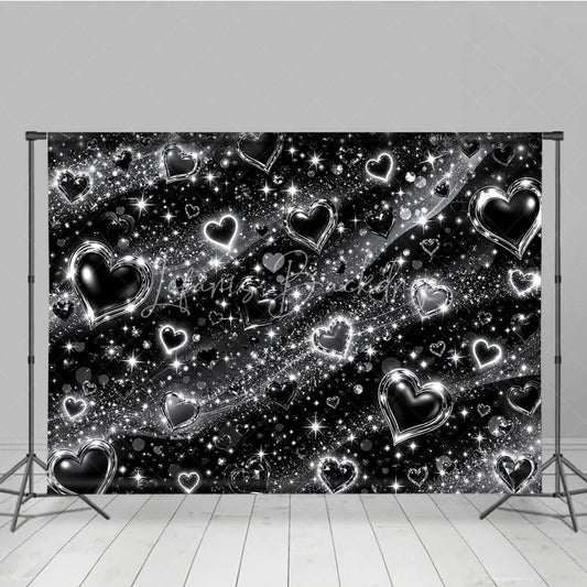 Lofaris Y2K Black and Silver Glitter Hearts Sparkling Holiday Backdrop Glamorous Celebration Party Decor