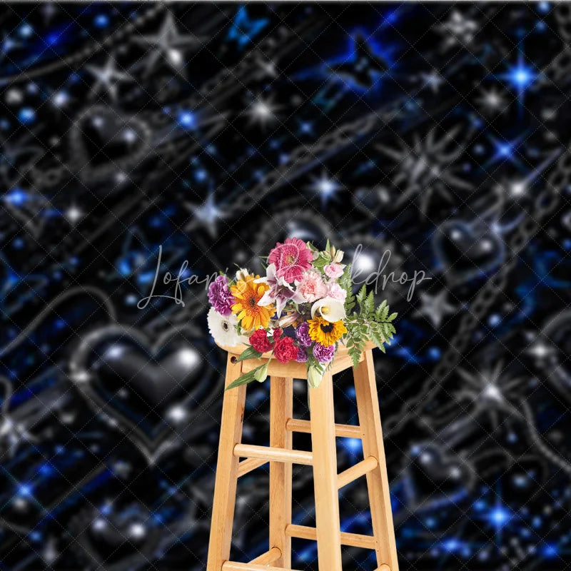 Lofaris Y2K Black Blue Silver Metallic Sparkling Hearts Stars Butterflies Chain Holiday Backdrop Edgy Gothic Glam Party Decor
