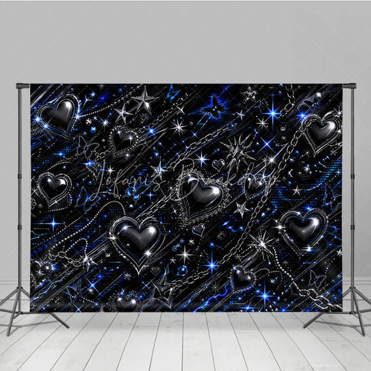 Lofaris Y2K Black Blue Silver Metallic Sparkling Hearts Stars Butterflies Chain Holiday Backdrop Edgy Gothic Glam Party Decor