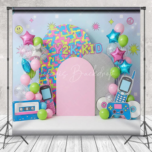 Lofaris Y2K Kid Retro Aesthetic Backdrop Colorful Pattern and Tech for Birthday Cake Smash
