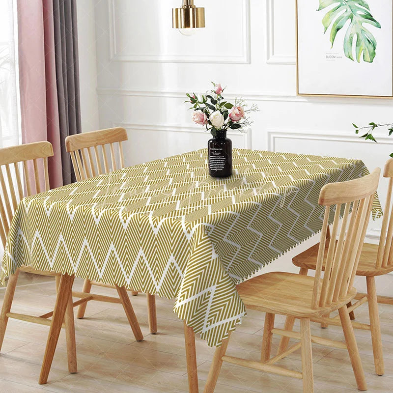 Lofaris Yellow and White Zigzag Geometric Lines Rectangle Tablecloth Boho Style Dining Room Decor Washable Kitchen Table Cover