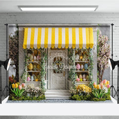 Lofaris Yellow Awning Storefront Easter Photography Backdrop Spring Tulips and Pastel Eggs Studio Background