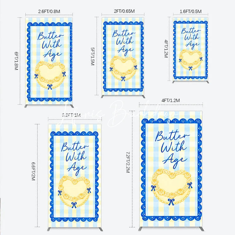 Lofaris Yellow Blue Gingham Plaid Heart Rectangle Arch Backdrop Butter With Age Birthday Party Decor.