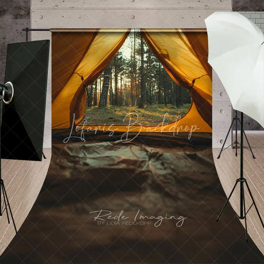 Lofaris Yellow Camping Tent Inside View Backdrop Pine Forest Sunset Nature Landscape Adventure Photography Background