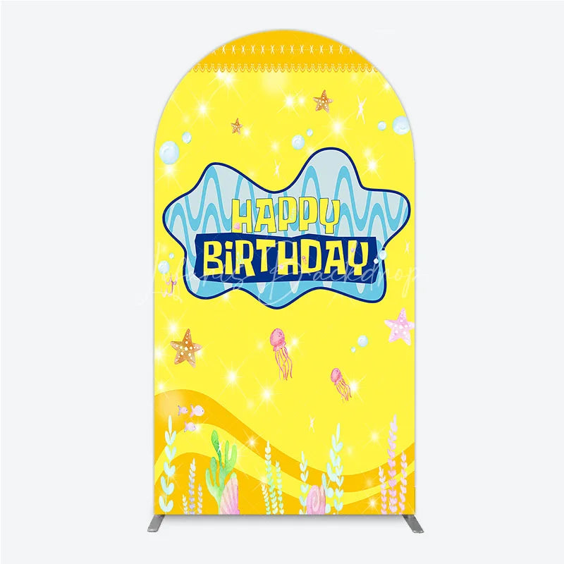 Lofaris Yellow Cartoon Ocean Arch Backdrop Blue Waves Starfish Jellyfish Background Happy Birthday Kids Party Cover Decor