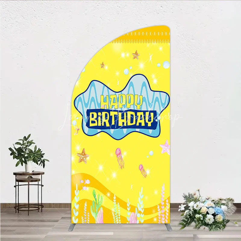 Lofaris Yellow Cartoon Ocean Half Moon Arch Backdrop Blue Waves Starfish Jellyfish Background Happy Birthday Kids Party Cover Decor