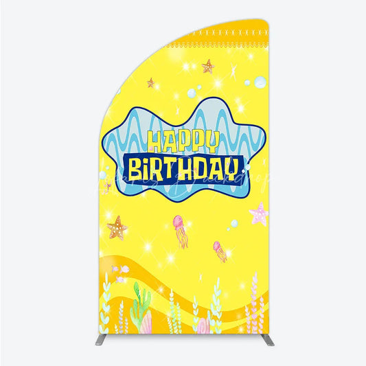 Lofaris Yellow Cartoon Ocean Half Moon Arch Backdrop Blue Waves Starfish Jellyfish Background Happy Birthday Kids Party Cover Decor