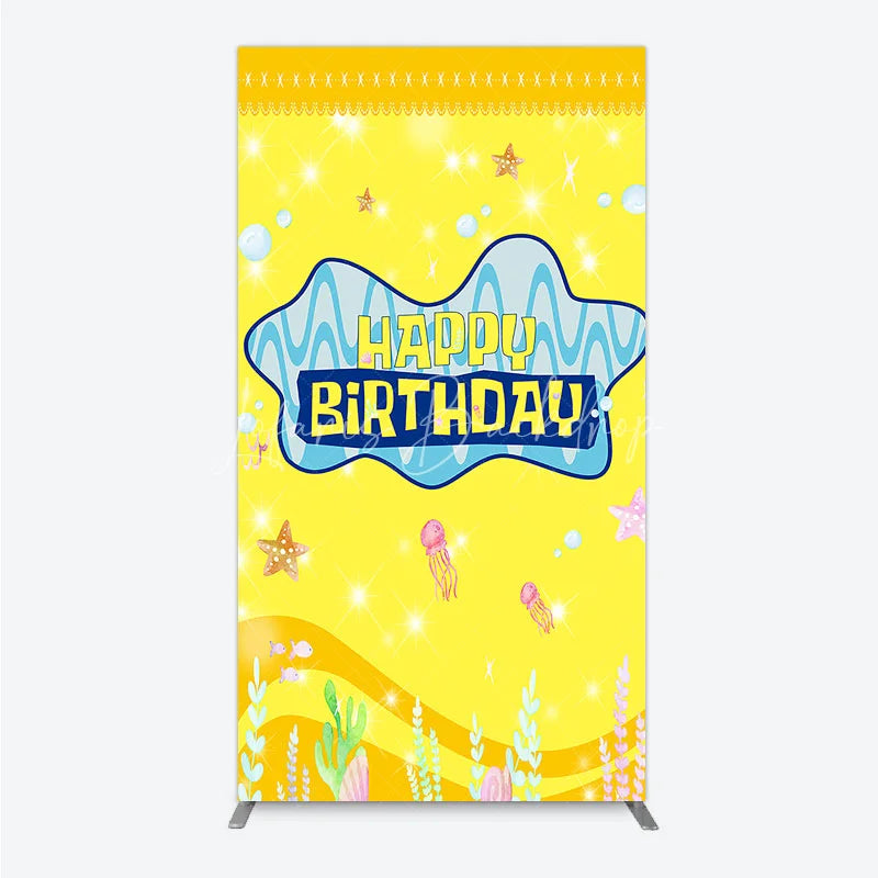 Lofaris Yellow Cartoon Ocean Rectangle Backdrop Blue Waves Starfish Jellyfish Background Happy Birthday Kids Party Cover Decor