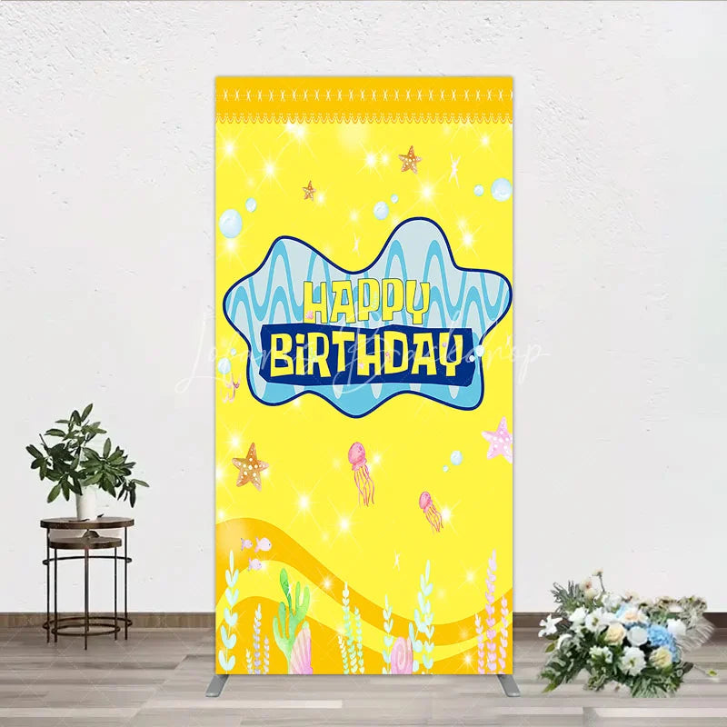 Lofaris Yellow Cartoon Ocean Rectangle Backdrop Blue Waves Starfish Jellyfish Background Happy Birthday Kids Party Cover Decor