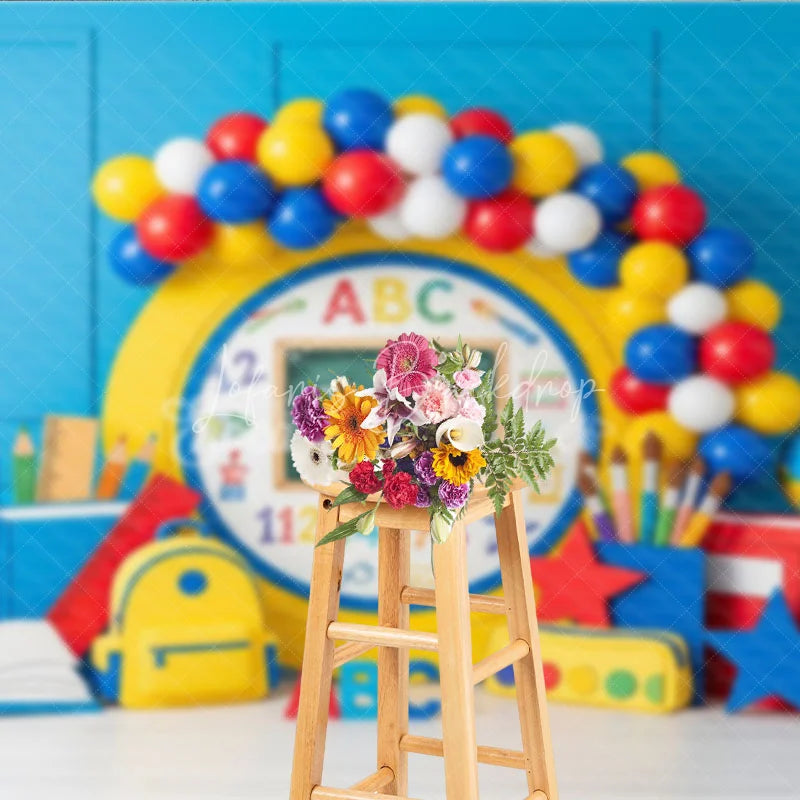 Lofaris Yellow Chalkboard ABC Back To School Backdrop Primary Colors Balloon Arch Ruler Background Kids Photography Prop