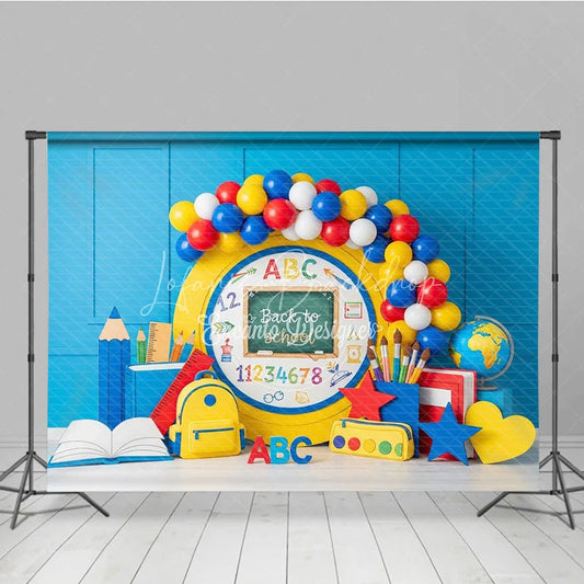 Lofaris Yellow Chalkboard ABC Back To School Backdrop Primary Colors Balloon Arch Ruler Background Kids Photography Prop