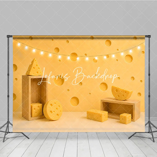 Lofaris Yellow Cheese Hole Photography Backdrop with Fairy Lights and Wooden Props for Birthday Party Decor