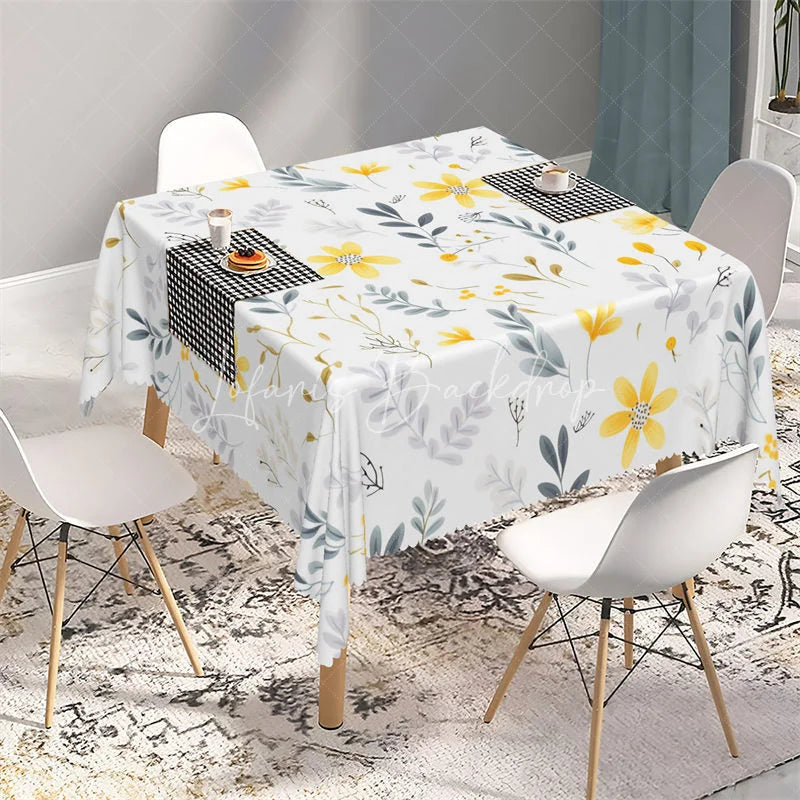 Lofaris Yellow Daisy and Autumn Leaves Rectangle Tablecloth White Floral Pattern Table Cover for Kitchen