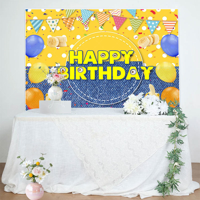 Lofaris Yellow Dots Denim Balloons Banana Birthday Backdrop