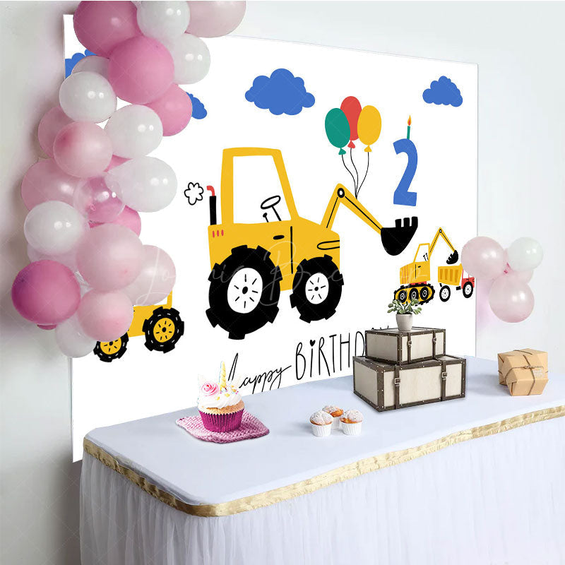 Lofaris Yellow Excavator Blue Cloud Balloons Birthday Backdrop