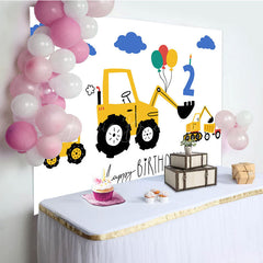 Lofaris Yellow Excavator Blue Cloud Balloons Birthday Backdrop