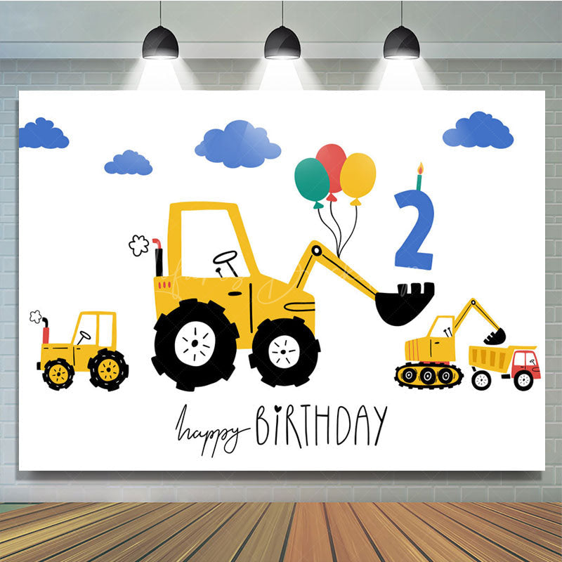 Lofaris Yellow Excavator Blue Cloud Balloons Birthday Backdrop
