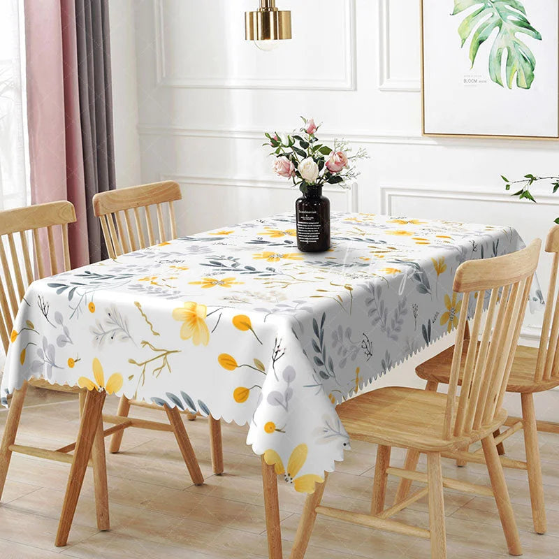 Lofaris Yellow Flower Botanical Rectangle Tablecloth Grey Leaf Floral Dining Table Cover for Kitchen
