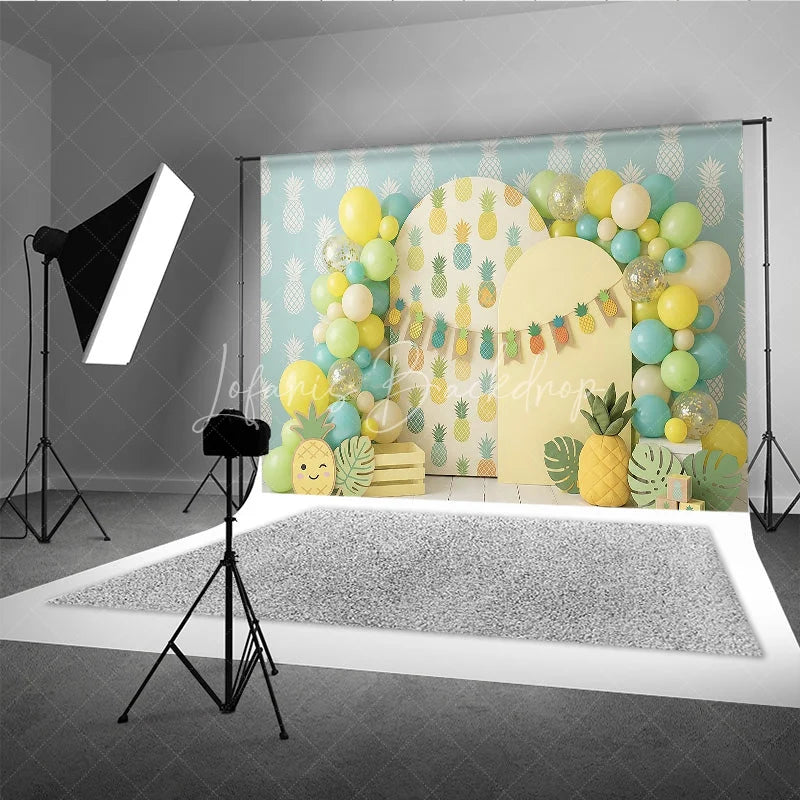 Lofaris Yellow Green Blue Pineapple Pattern Photography Backdrop Tropical Summer Party Decor with Balloons