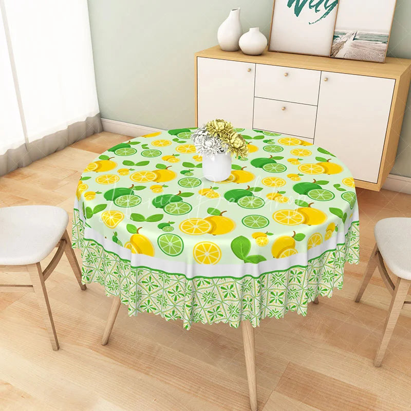 Lofaris Yellow Lemon and Green Lime Pattern Round Tablecloth Fresh Citrus Fruit Kitchen Decor