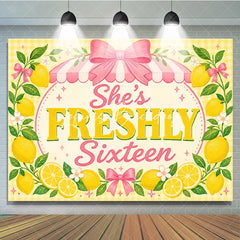Lofaris Yellow Lemon Freshly Sixteen Birthday Backdrop with Pink Bows and Striped Awning Sweet 16 Party Decor