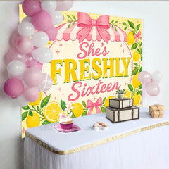 Lofaris Yellow Lemon Freshly Sixteen Birthday Backdrop with Pink Bows and Striped Awning Sweet 16 Party Decor