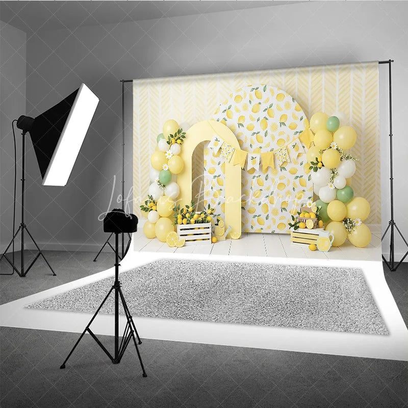 Lofaris Yellow Lemon Theme Photography Backdrop with Arch Props and Balloon Garland for Baby Shower or Birthday
