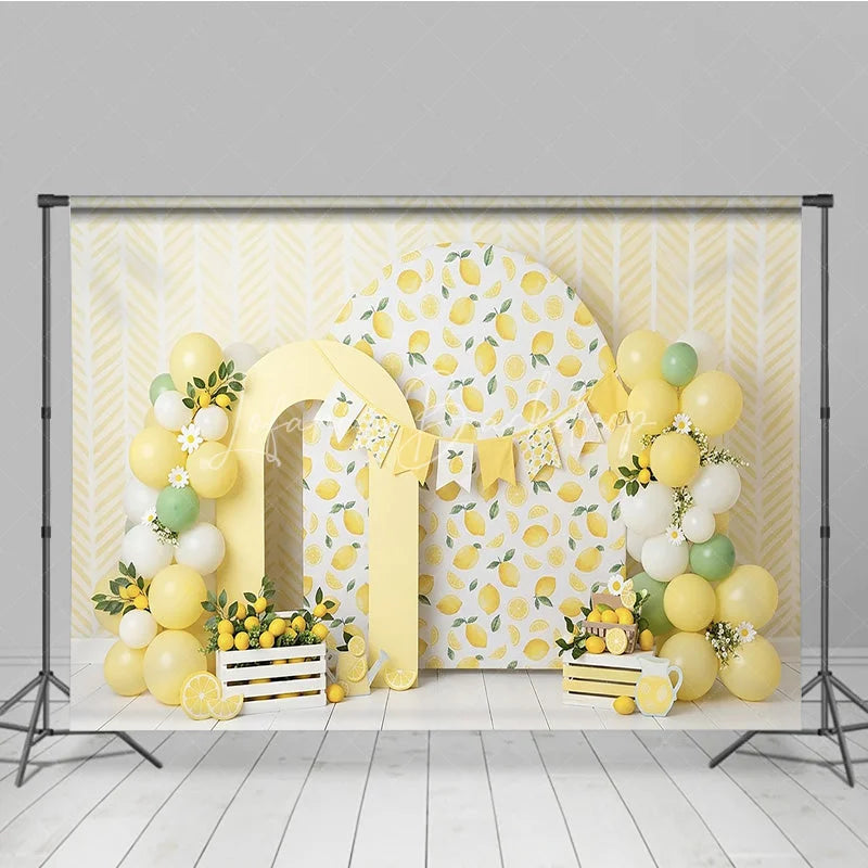 Lofaris Yellow Lemon Theme Photography Backdrop with Arch Props and Balloon Garland for Baby Shower or Birthday