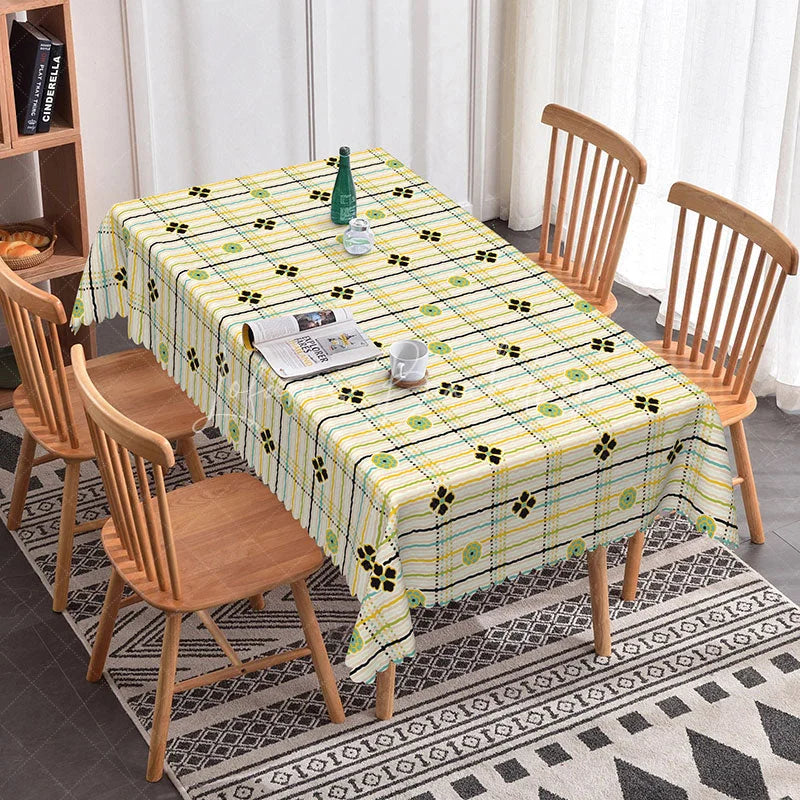 Lofaris Yellow Plaid Floral Rectangle Tablecloth Green Checkered Flower Pattern Cover Country Picnic Dining Decor