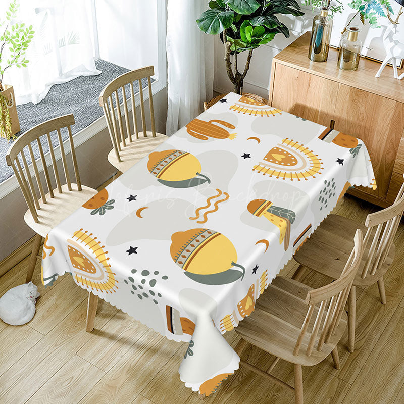 Lofaris Yellow Prickly Pear Cactus Tablecloth on White for Southwest and Desert Themed Kitchen Decor