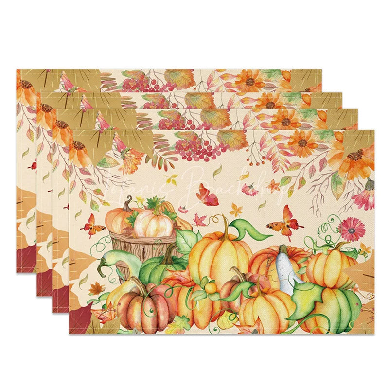 Lofaris Yellow Pumpkin with Butterfly and Floral Set of 4 Placemats for Fall Autumn Thanksgiving Decor